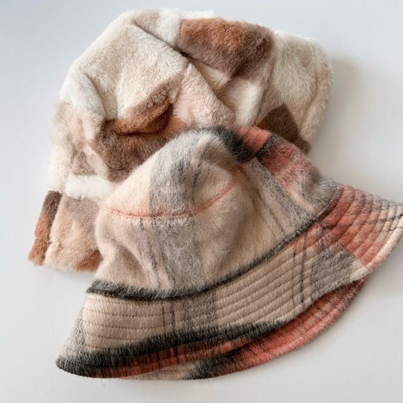 Bundle of two neutral plaid bucket hats, faux fur and wool blend. One size - Picture 1 of 6